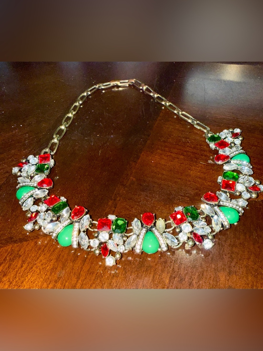 Vintage Statement Holiday Christmas Necklace Red, Green Crystal AMAZING! 80s